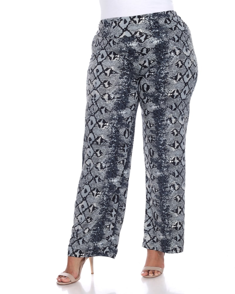 Front of a model wearing a size 3X Snake Print Palazzo Pants in Gray Snake by White Mark. | dia_product_style_image_id:250221